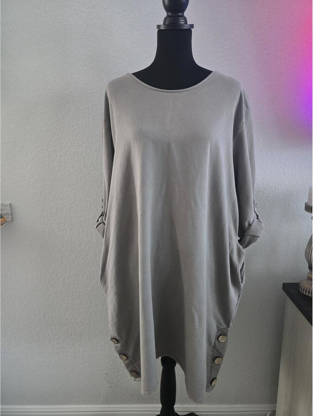 Casual Loose Fit Tunic Dress with Button Detail in Gray